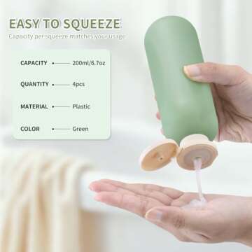 owlyee 6.7oz Travel Shampoo Bottle, Empty Plastic Squeeze Bottles with Flip Cap, 4PCS Lotion Container for Toiletries (200ml, Green)