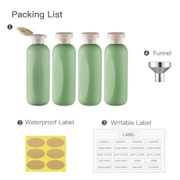 owlyee 6.7oz Travel Shampoo Bottle, Empty Plastic Squeeze Bottles with Flip Cap, 4PCS Lotion Container for Toiletries (200ml, Green)