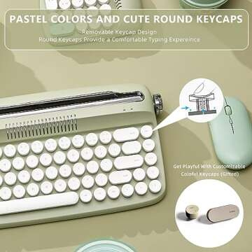 YUNZII Upgraded Wireless Typewriter Keyboard, Retro Aesthetic with Integrated Stand,Cute Round Keycaps, USB-C/Bluetooth Connection for Table, Phone, PC and Win/Mac/Android (B307, Sweet Mint)
