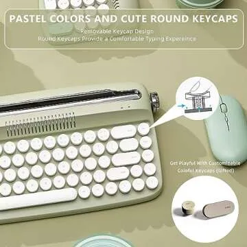 YUNZII Upgraded Wireless Typewriter Keyboard, Retro Aesthetic with Integrated Stand,Cute Round Keycaps, USB-C/Bluetooth Connection for Table, Phone, PC and Win/Mac/Android (B307, Sweet Mint)