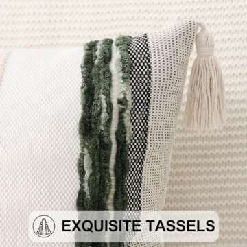 Simmore Boho Decorative Throw Pillow Covers 18x18 Set of 2, Tufted Farmhouse Pillow Covers with Tassels for Cozy Bohemian Couch Sofa Bedroom Home Decor, Green