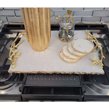 GMRS Home White Marble Handmade Coaster-Set of 4 (Round) with Gold Foiling