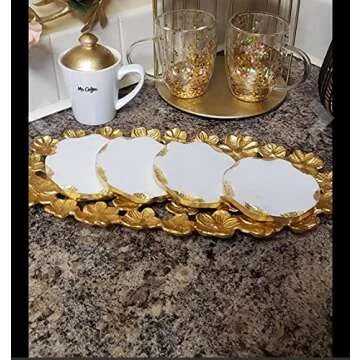 GMRS Home White Marble Handmade Coaster-Set of 4 (Round) with Gold Foiling