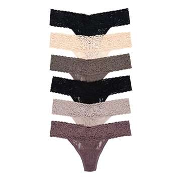 Felina Stretchy Lace Low Rise Thong - Sexy Underwear for Women, Thongs for Women, Seamless Panties for Women (6-Pack) (Black Mink Neutrals, S/M)