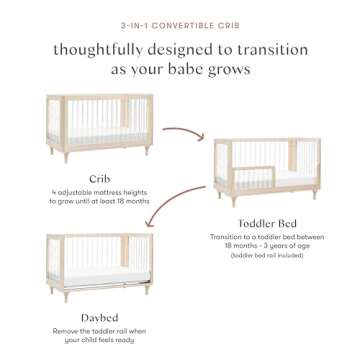 Babyletto Lolly 3-in-1 Convertible Baby Crib With Toddler Bed & Daybed Conversion - Strong, Durable & Easy Assembly - GREENGUARD Gold Certified - 4 Adjustable Mattress Heights - Washed Natural/Acrylic