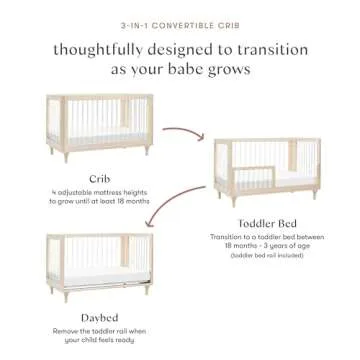 Babyletto Lolly 3-in-1 Convertible Baby Crib With Toddler Bed & Daybed Conversion - Strong, Durable & Easy Assembly - GREENGUARD Gold Certified - 4 Adjustable Mattress Heights - Washed Natural/Acrylic