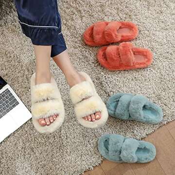 MSmofei Women's Fluffy furry fuzzy fur Slippers Soft Flat Sandals Slides Open Toe Cozy House Slippers Indoor Outdoor Anti-Slip Warm Comfy Slip On