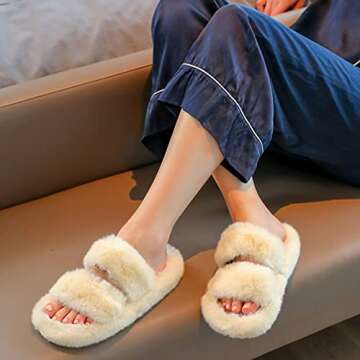 MSmofei Women's Fluffy furry fuzzy fur Slippers Soft Flat Sandals Slides Open Toe Cozy House Slippers Indoor Outdoor Anti-Slip Warm Comfy Slip On