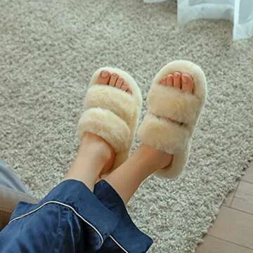 MSmofei Women's Fluffy furry fuzzy fur Slippers Soft Flat Sandals Slides Open Toe Cozy House Slippers Indoor Outdoor Anti-Slip Warm Comfy Slip On
