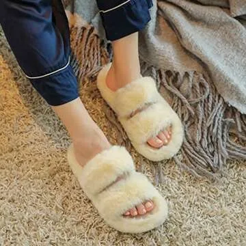 MSmofei Women's Fluffy furry fuzzy fur Slippers Soft Flat Sandals Slides Open Toe Cozy House Slippers Indoor Outdoor Anti-Slip Warm Comfy Slip On