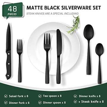 Hiware 48-Piece Matte Black Silverware Set with Steak Knives, Black Flatware Set for 8, Stainless Steel Tableware Cutlery Set, Utensil Sets for Kitchen, Hand Wash Recommended