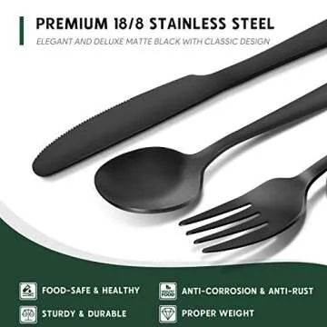 Hiware 48-Piece Matte Black Silverware Set with Steak Knives, Black Flatware Set for 8, Stainless Steel Tableware Cutlery Set, Utensil Sets for Kitchen, Hand Wash Recommended