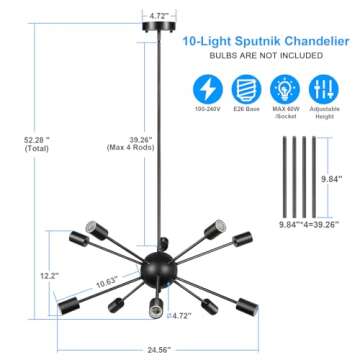 MAXvolador Sputnik Chandeliers 10-Light, Modern Pendant Lighting, Metal Ceiling Light Fixture Adjustable Height, Industrial Vintage Hanging Pendant Light for Kitchen Dining Room Hallway, Black