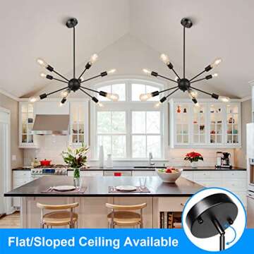 MAXvolador Sputnik Chandeliers 10-Light, Modern Pendant Lighting, Metal Ceiling Light Fixture Adjustable Height, Industrial Vintage Hanging Pendant Light for Kitchen Dining Room Hallway, Black