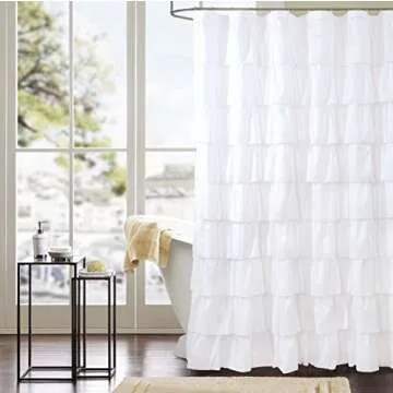 WestWeir White Ruffle Shower Curtain - Farmhouse Cloth Bathroom 72 x 72 Inches Texture Fashion, Double Layer Fabric, not See Through.