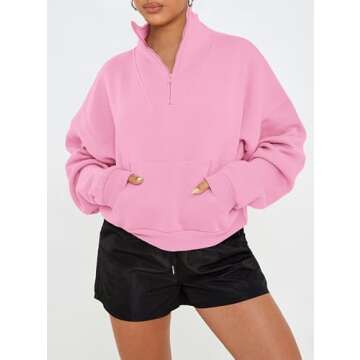 PRETTYGARDEN Womens Quarter Zip Long Sleeve Cropped Sweatshirt 2024 Fall Winter Casual V Neck Pullov...
