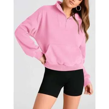 PRETTYGARDEN Womens Quarter Zip Long Sleeve Cropped Sweatshirt 2024 Fall Winter Casual V Neck Pullover Tops With Pockets Pink