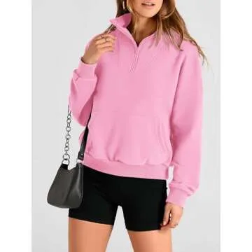 PRETTYGARDEN Womens Quarter Zip Long Sleeve Cropped Sweatshirt 2024 Fall Winter Casual V Neck Pullover Tops With Pockets Pink