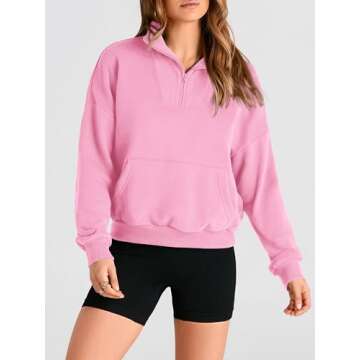 PRETTYGARDEN Womens Quarter Zip Long Sleeve Cropped Sweatshirt 2024 Fall Winter Casual V Neck Pullover Tops With Pockets Pink