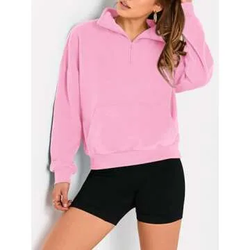 PRETTYGARDEN Womens Quarter Zip Long Sleeve Cropped Sweatshirt 2024 Fall Winter Casual V Neck Pullover Tops With Pockets Pink