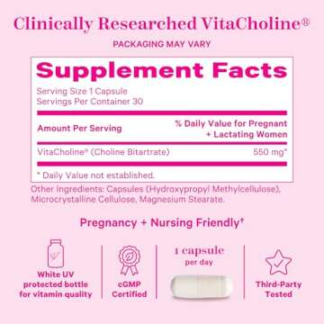 Pink Stork Choline - 550 mg Choline Bitartrate from VitaCholine for Pregnant + Postpartum Moms - Prenatal Vitamin for Fetal Cognitive Health + Breast Milk Quality - 1 Capsule Daily, 30 Count