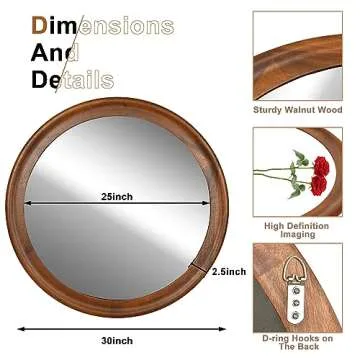 36 Inch Round Walnut Wood Mirror for Elegant Home Decor