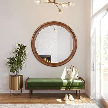 Round Wood Mirror for Wall,36 Inch Circle Decorative Mirror with Walnut Frame,Rustic Bathroom Hanging Vanity Mirror for Entryway,Bedroom or Living Room