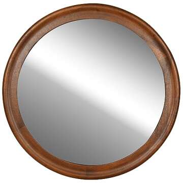 Round Wood Mirror for Wall,36 Inch Circle Decorative Mirror with Walnut Frame,Rustic Bathroom Hanging Vanity Mirror for Entryway,Bedroom or Living Room