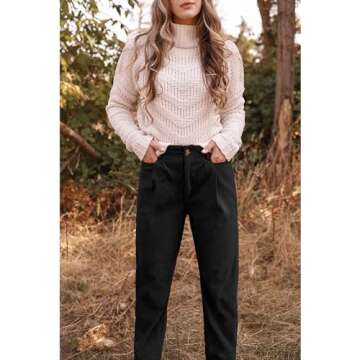 GRAPENT Women's High Waisted Corduroy Pants, Black, Medium (Size 8-10)