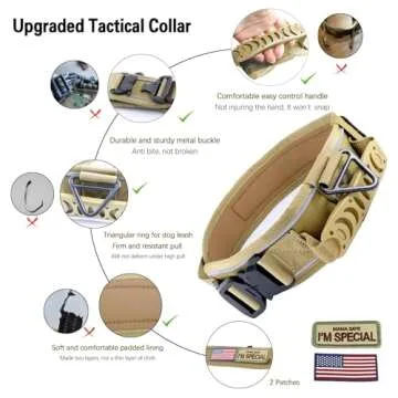 Comfluxe Tactical Dog Collar, Reflective Nylon Neoprene Padded Dog Collar with Handle, 2" Wide Heavy Duty Nylon Military Dog Collar with Quick Release Metal Buckle for Large Dogs(Khaki,17.3"-25.6")