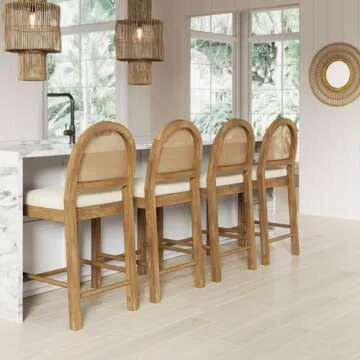 Nathan James Bailey Boucle Upholstered Rattan Bar Stool, Counter Height Stool with Natural Rattan Woven Back For Kitchen Island, Light Brown/Rattan/Cream Boucle, Set of 4