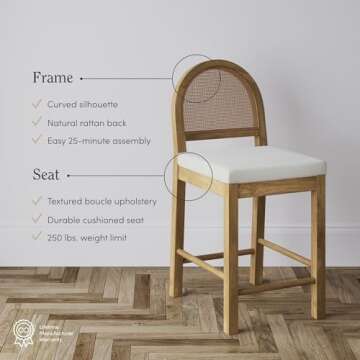 Nathan James Bailey Boucle Upholstered Rattan Bar Stool, Counter Height Stool with Natural Rattan Woven Back For Kitchen Island, Light Brown/Rattan/Cream Boucle, Set of 4