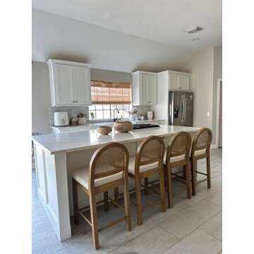 Nathan James Bailey Boucle Upholstered Rattan Bar Stool, Counter Height Stool with Natural Rattan Woven Back For Kitchen Island, Light Brown/Rattan/Cream Boucle, Set of 4