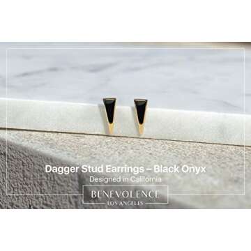 Benevolence LA Gold Stud Earrings For Women, 14k Gold Dipped, Black Stud Earrings & Triangle Earrings, Onyx Dagger Earrings, Gifts for Mom, Mothers Day Gifts