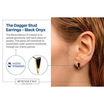 Benevolence LA Gold Stud Earrings For Women, 14k Gold Dipped, Black Stud Earrings & Triangle Earrings, Onyx Dagger Earrings, Gifts for Mom, Mothers Day Gifts
