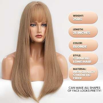 EMMOR Blonde Wig With Bangs For Women Long Straight Wigs Barbie wig Synthetic For Girls Halloween Party Cosplay And Daily Use(26" Blonde)