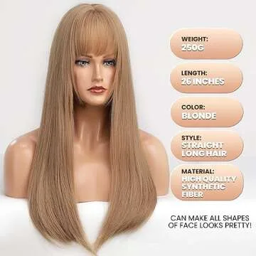 EMMOR Blonde Wig With Bangs For Women Long Straight Wigs Barbie wig Synthetic For Girls Halloween Party Cosplay And Daily Use(26" Blonde)