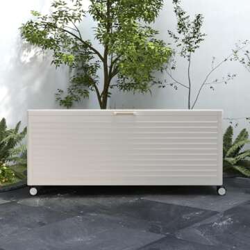 MIRADOR 281 Gallon Large Outdoor Metal Deck Box with Wheels, Storage Box with Lid for Patio Furniture, Garden Tools, Outdoor Cushion, Latte