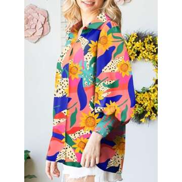 Astylish Oversized Button Down Boho Shirts for Women Spring Silk Paisley V-Neck Lantern Sleeve Blouse Tops Dressy Orange Large