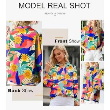 Astylish Oversized Button Down Boho Shirts for Women Spring Silk Paisley V-Neck Lantern Sleeve Blouse Tops Dressy Orange Large