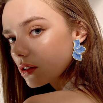 ONBRIG Big Flower Earrings for Women Irregular Petal Earrings Unique Statement Earrings Enamel Earrings Flower Jewelry Gift (Blue)