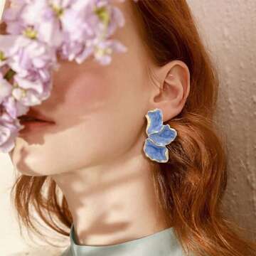 ONBRIG Big Flower Earrings for Women Irregular Petal Earrings Unique Statement Earrings Enamel Earrings Flower Jewelry Gift (Blue)