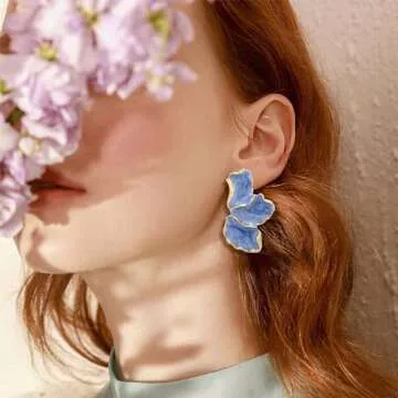 ONBRIG Big Flower Earrings for Women Irregular Petal Earrings Unique Statement Earrings Enamel Earrings Flower Jewelry Gift (Blue)