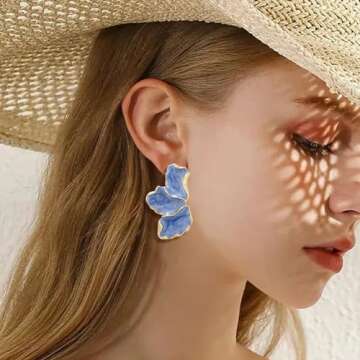 ONBRIG Big Flower Earrings for Women Irregular Petal Earrings Unique Statement Earrings Enamel Earrings Flower Jewelry Gift (Blue)