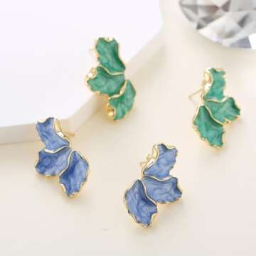 ONBRIG Big Flower Earrings for Women Irregular Petal Earrings Unique Statement Earrings Enamel Earrings Flower Jewelry Gift (Blue)