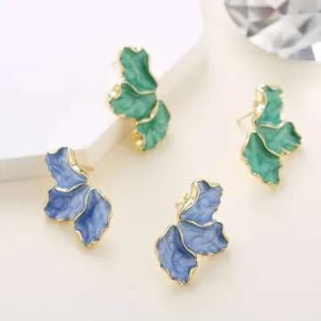 ONBRIG Big Flower Earrings for Women Irregular Petal Earrings Unique Statement Earrings Enamel Earrings Flower Jewelry Gift (Blue)
