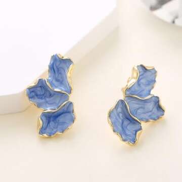 ONBRIG Big Flower Earrings for Women Irregular Petal Earrings Unique Statement Earrings Enamel Earrings Flower Jewelry Gift (Blue)