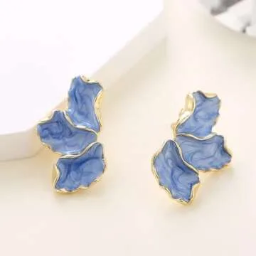 ONBRIG Big Flower Earrings for Women Irregular Petal Earrings Unique Statement Earrings Enamel Earrings Flower Jewelry Gift (Blue)