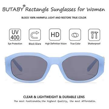 BUTABY Rectangle Sunglasses for Women Retro Driving Glasses 90’s Vintage Fashion Irregular Frame UV400 Protection Blue