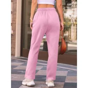 AUTOMET Women's Wide Leg Sweatpants Fleece Lined Baggy Straight Leg Lounge Pants Fall Outfits Athletic Joggers with Pockets Pink M